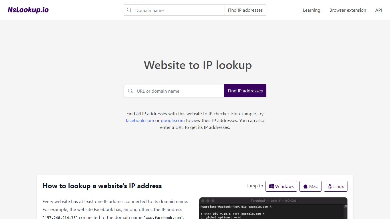 Website to IP Lookup — Nslookup.io